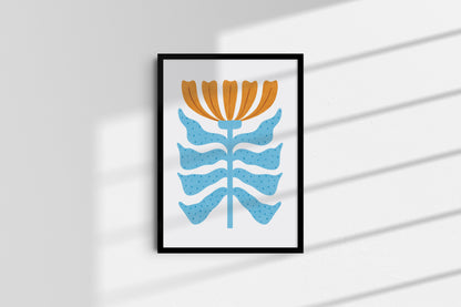 Blue Orange Floral Poster I Abstract Botanical Art I Unframed