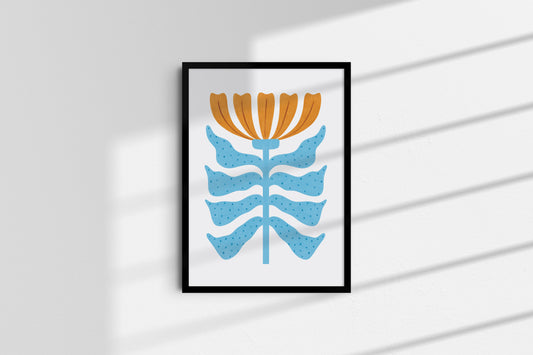 Blue Orange Floral Poster I Abstract Botanical Art I Unframed