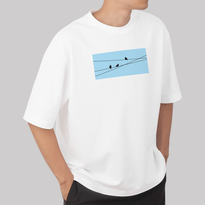 Birds On Wire - Unisex Oversized T-shirt White