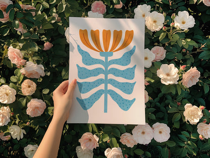Blue Orange Floral Poster I Abstract Botanical Art I Unframed